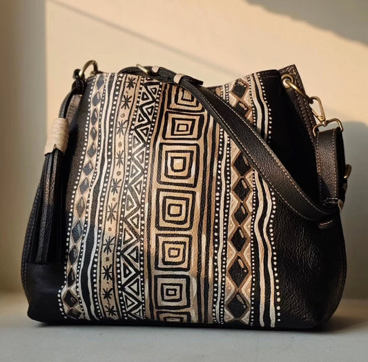 Leather bag with side tassel Black X Squares