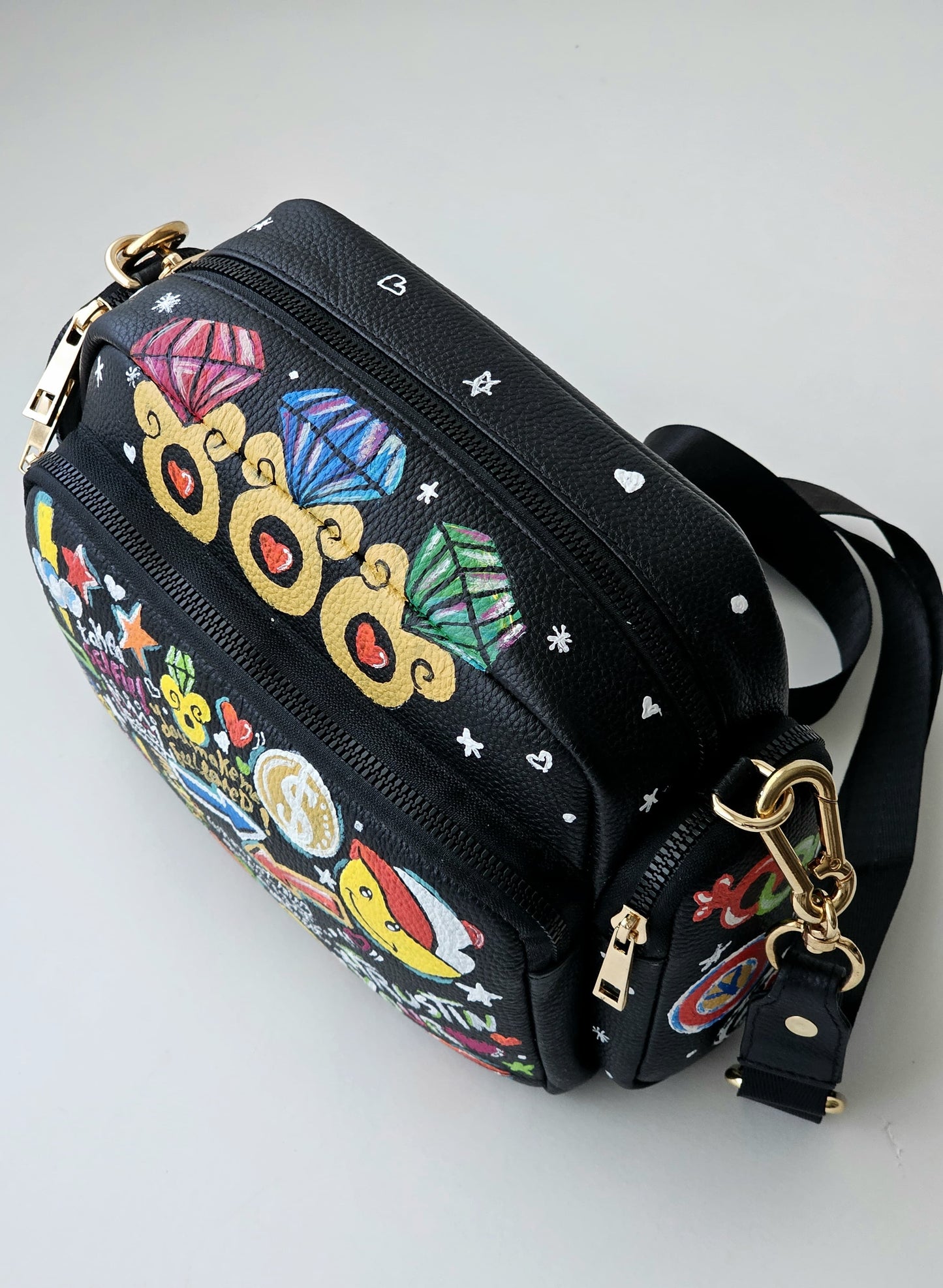 Leather Cross Bag Black X Colorful Graffiti