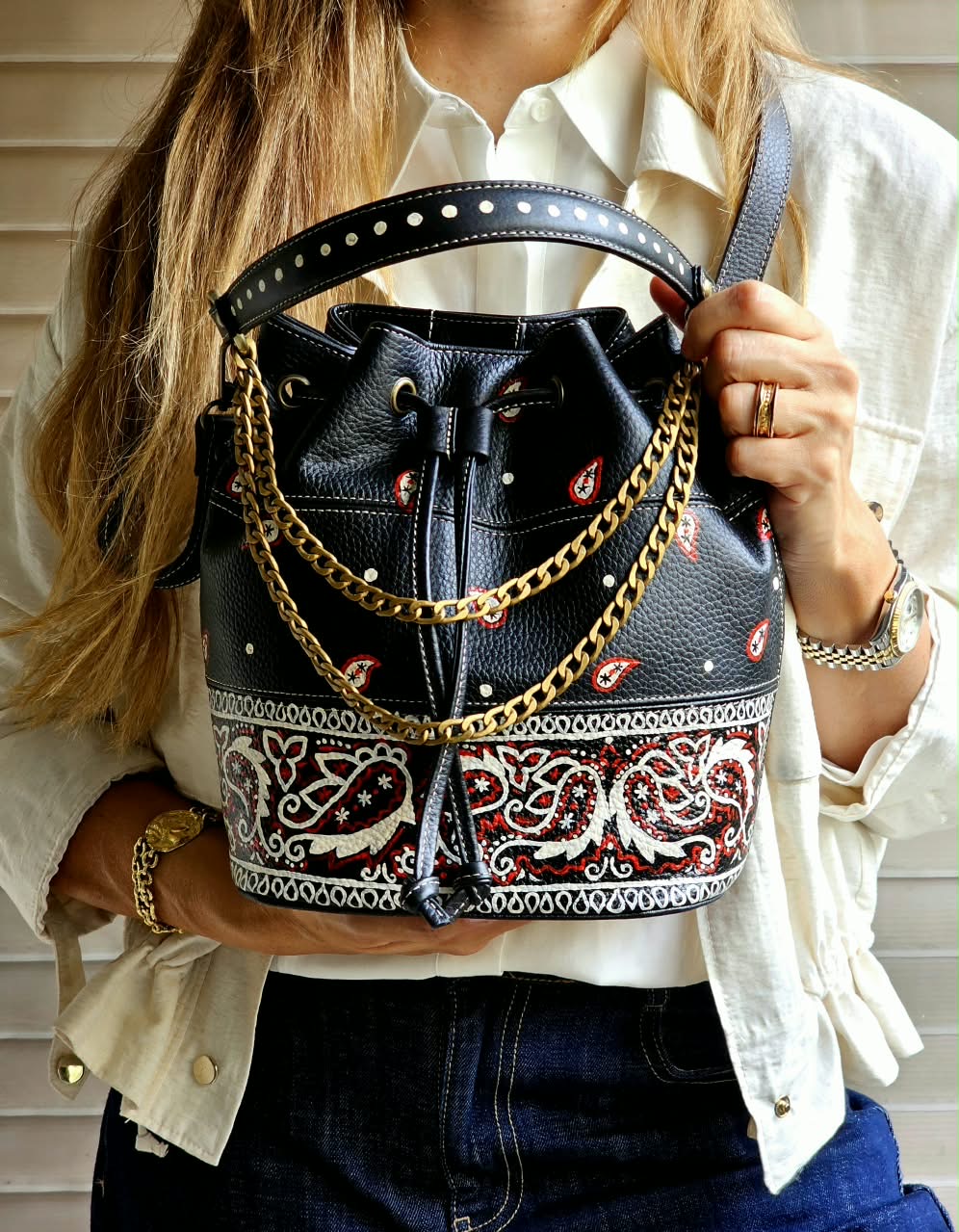 Leather Bucket X Black Paisley