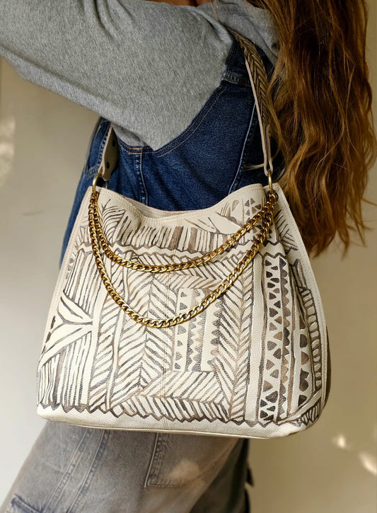 Large Leather Bag Beige X Brown