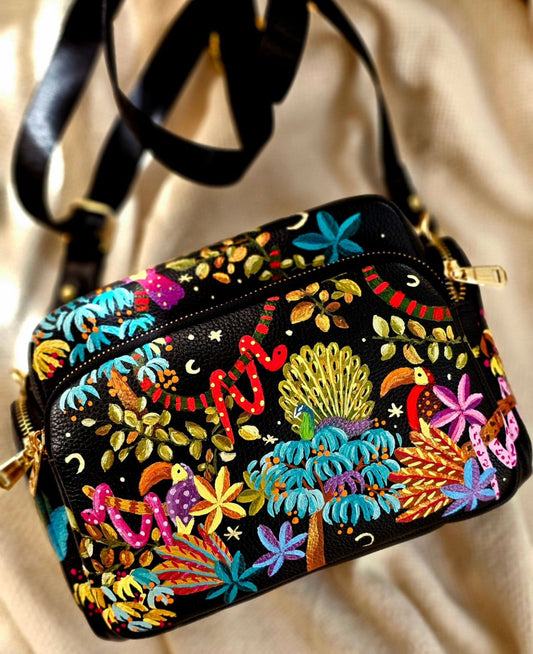 Leather Cross Bag Canvas Black X Forest