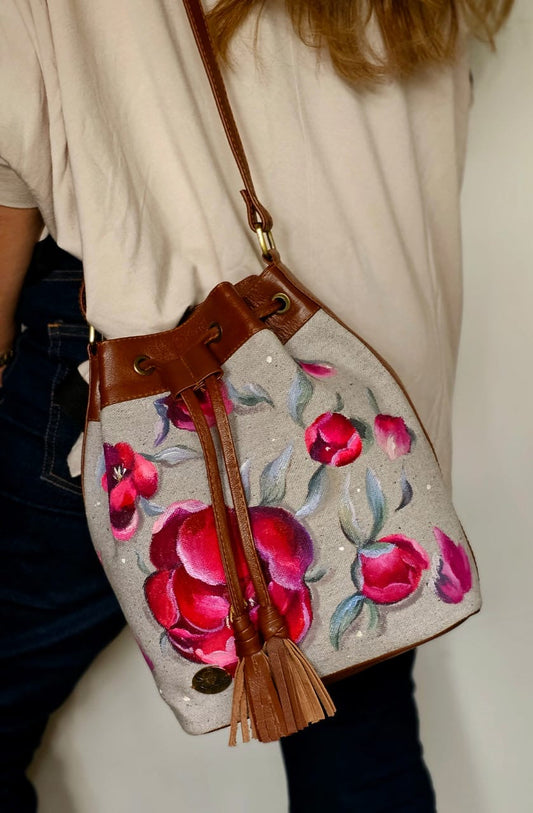 Fabric Bucket Beige X Pink Flowers