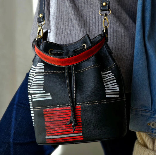 Leather Bucket Bag Black X Red X White