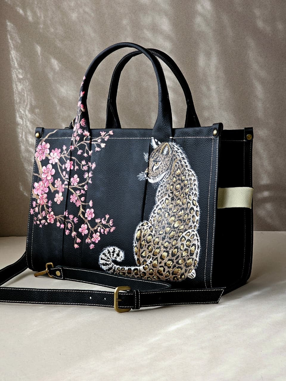 Leather Tote Bag Black X Leopard Blossom
