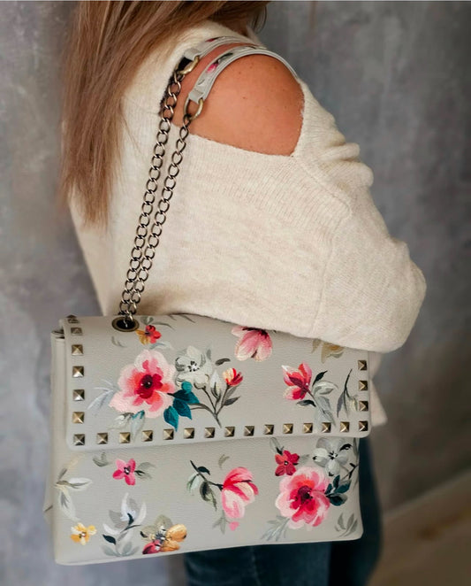 Rectangular Leather Bag with Chain Beige Base With Flowers