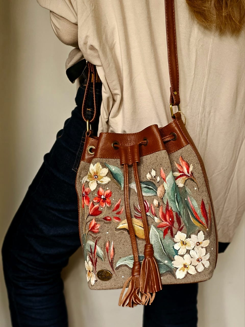Fabric Bucket Beige X Colorful Flowers
