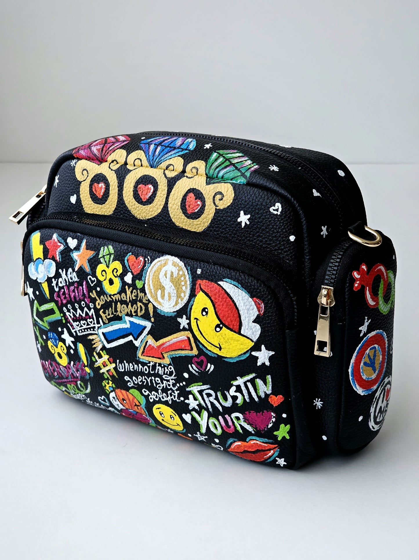 Leather Cross Bag Black X Colorful Graffiti