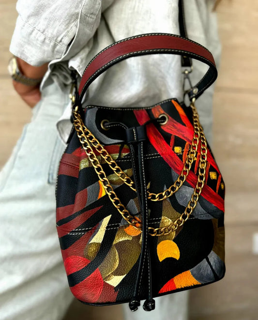 Leather Bucket Bag Black Base X Red
