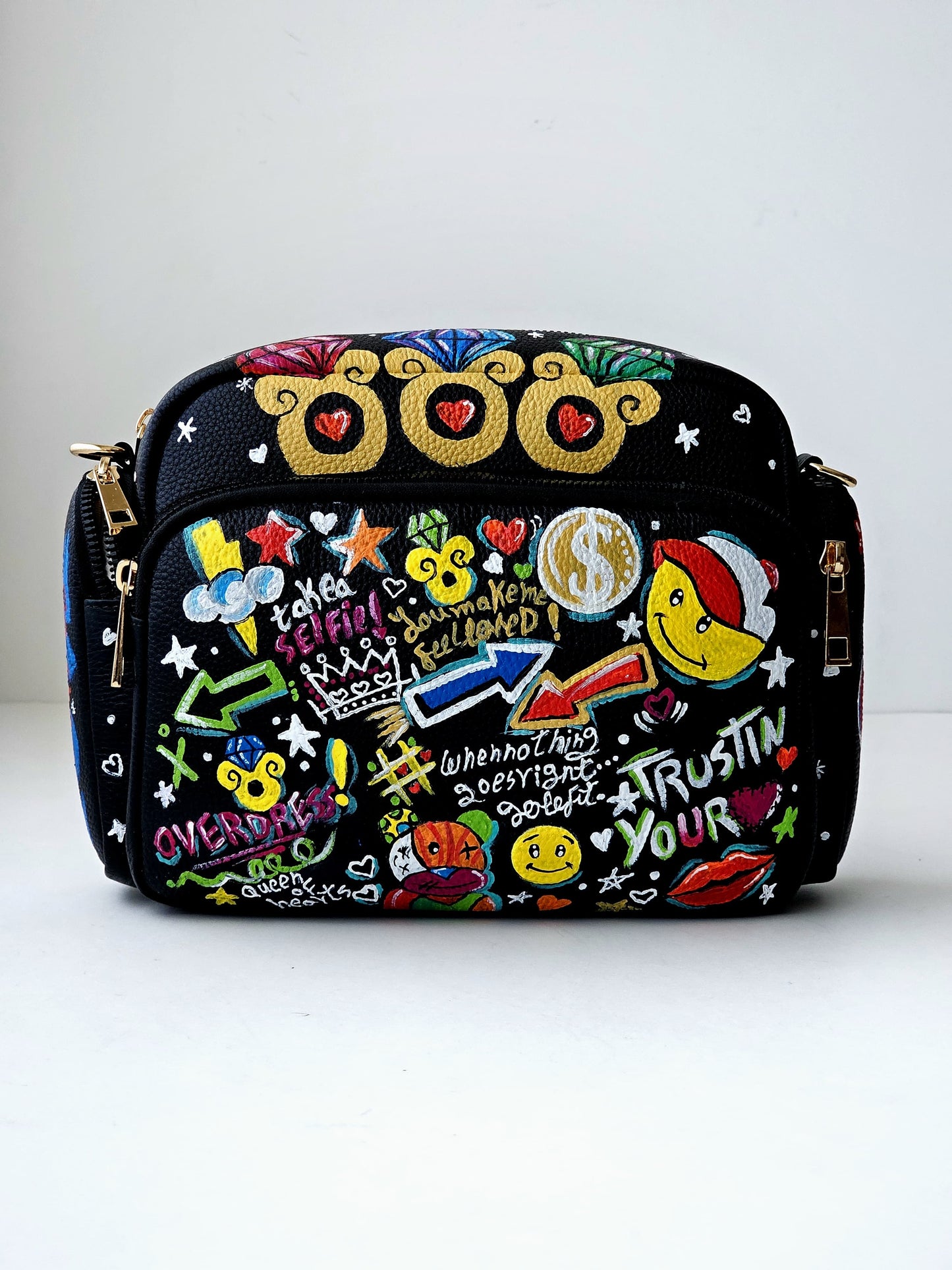 Leather Cross Bag Black X Colorful Graffiti