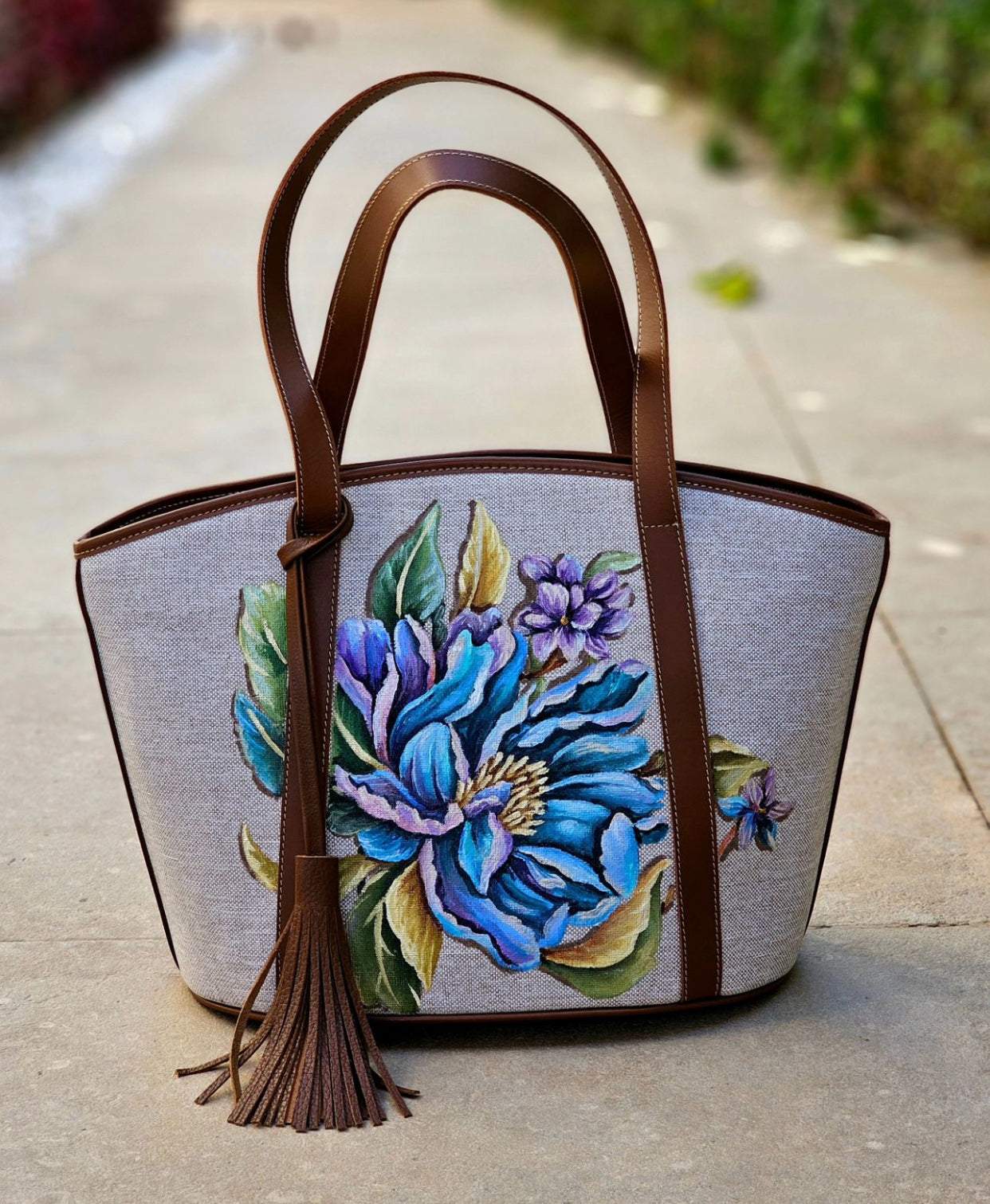 Havan Striped Bag Beige X Blue Flowers