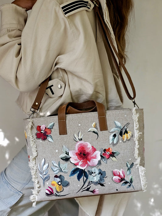 Beige Tote Bag Pink Flower