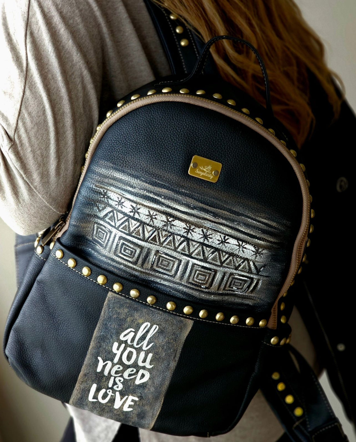 Leather Backpack with Studs Black X Geometric