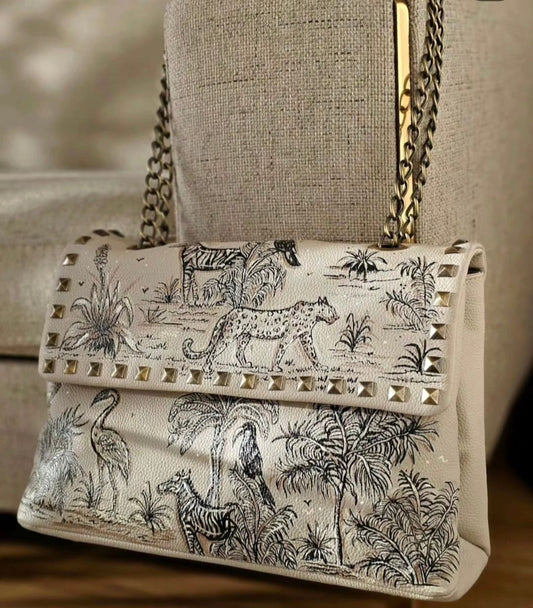 Rectangular Leather Bag with Chain Animal Art Beige Base