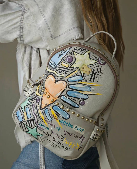 Leather Backpack with Studs Beige