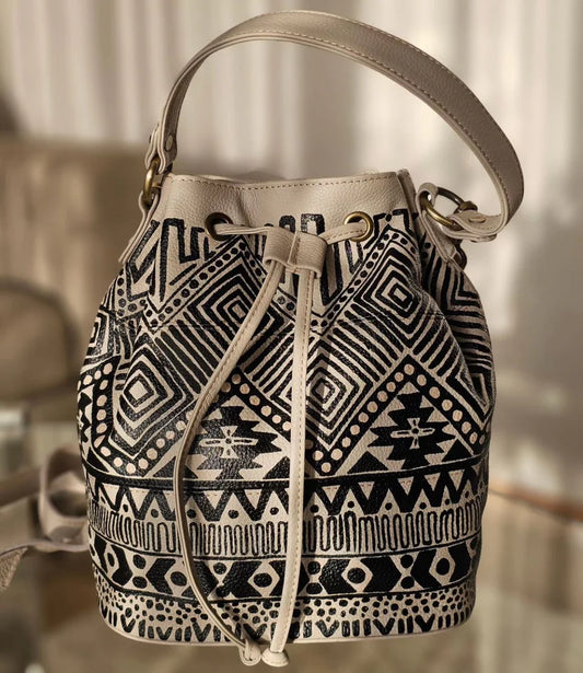Leather Bucket Bag Geometric Art Beige Base