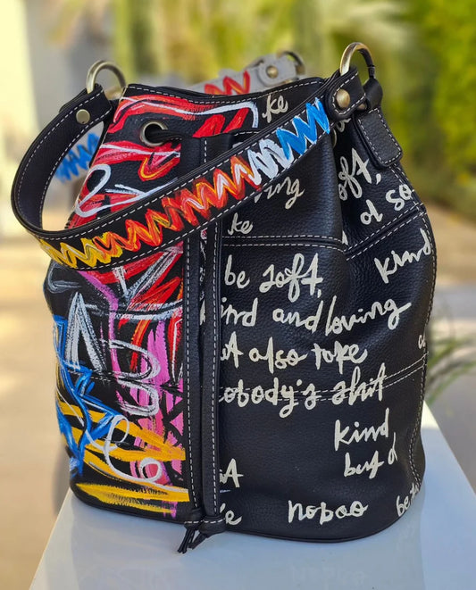 Leather Bucket Bag Multi Color X Handwriting Black Base