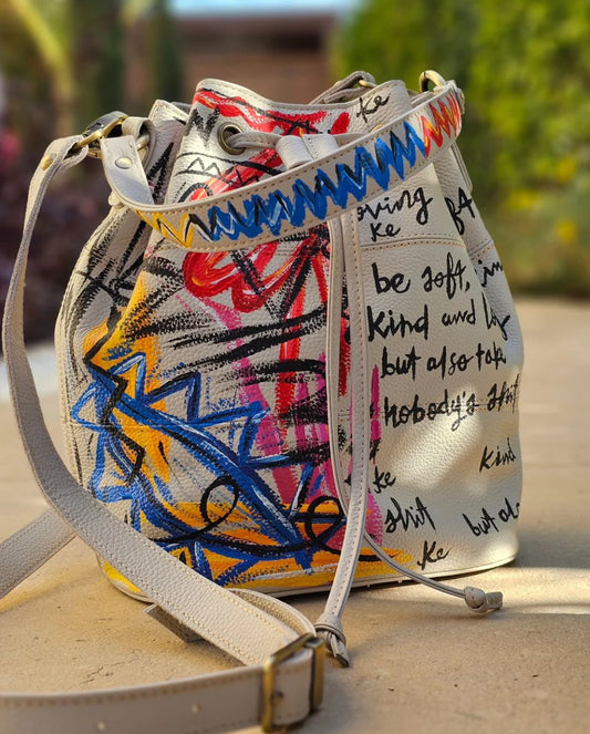 Leather Bucket Bag Multicolor X Handwriting Beige Base