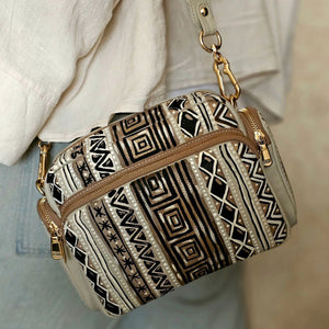 Leather Cross Bag Geometric Art Beige Base