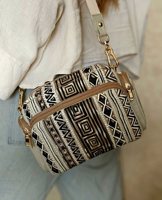 Leather Cross Bag Geometric Art Beige Base