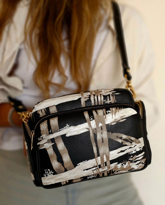 Leather Cross Bag Canvas Black X Beige