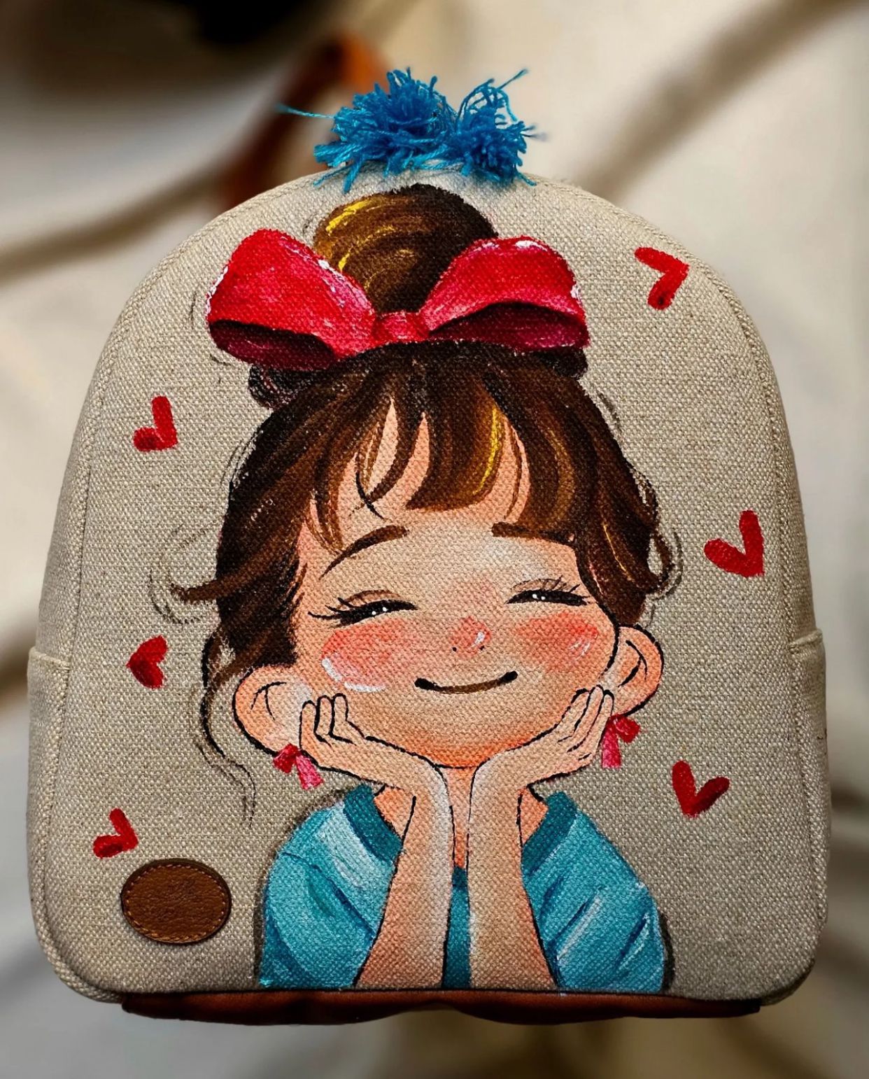 Fabric Mini Backpack Beige With Blue Shirt