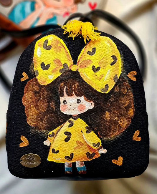 Fabric Mini Backpack Black Base With Yellow Bow
