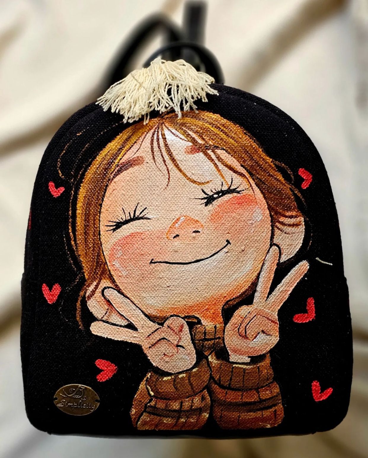 Fabric Mini Backpack Black Base With Red Hearts