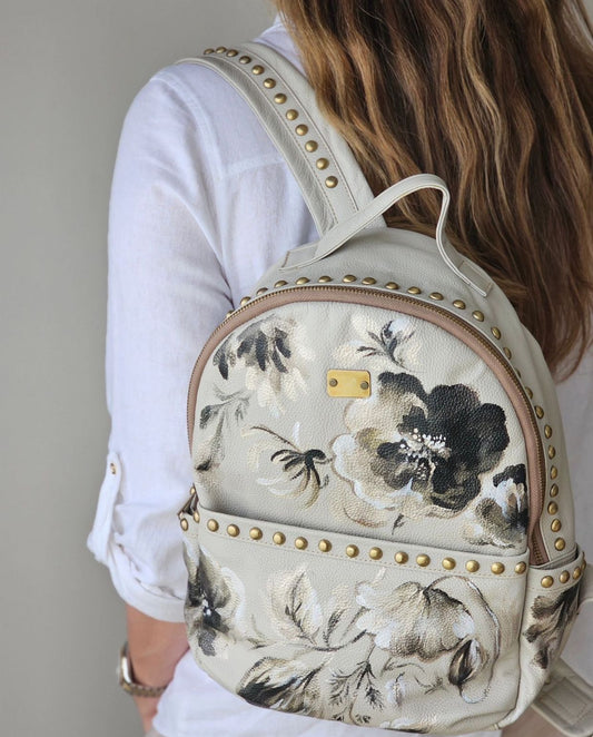 Leather Backpack with Studs Beige X Black