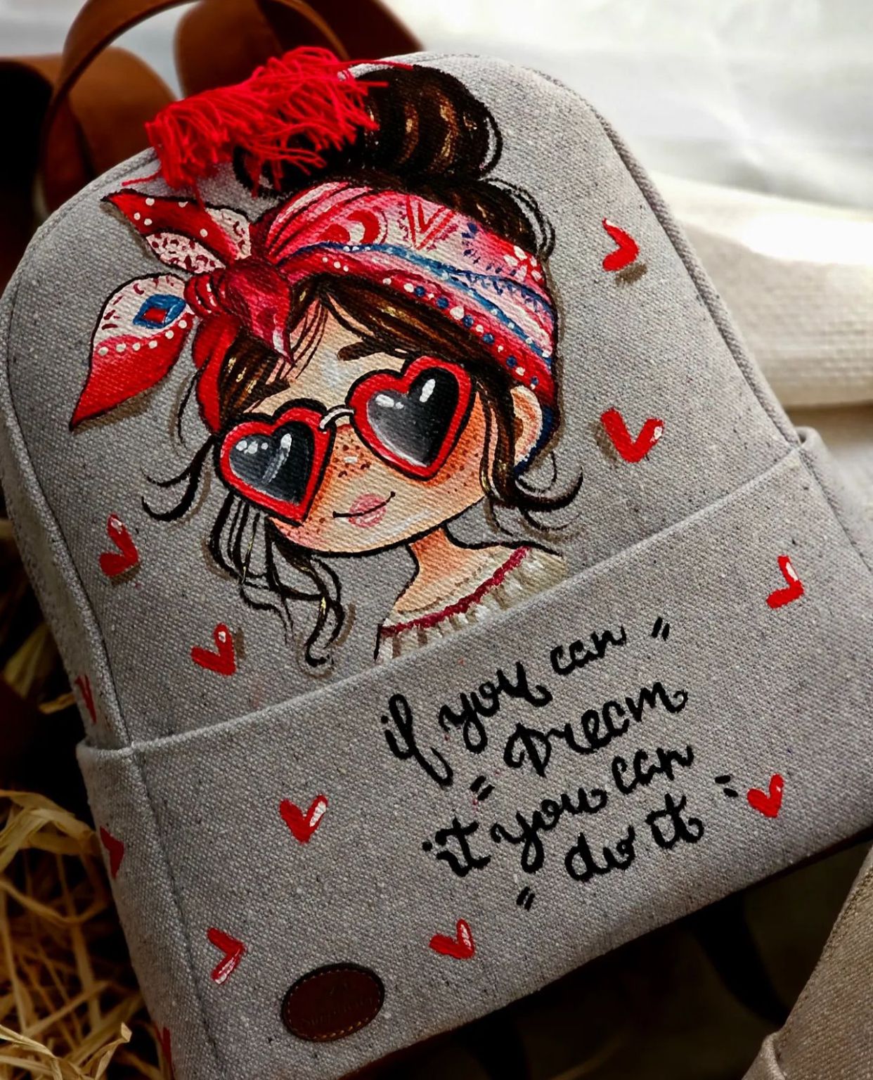 Fabric Medium Backpack Beige X Red