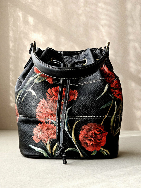 Leather Bucket Bag X Red Flowers