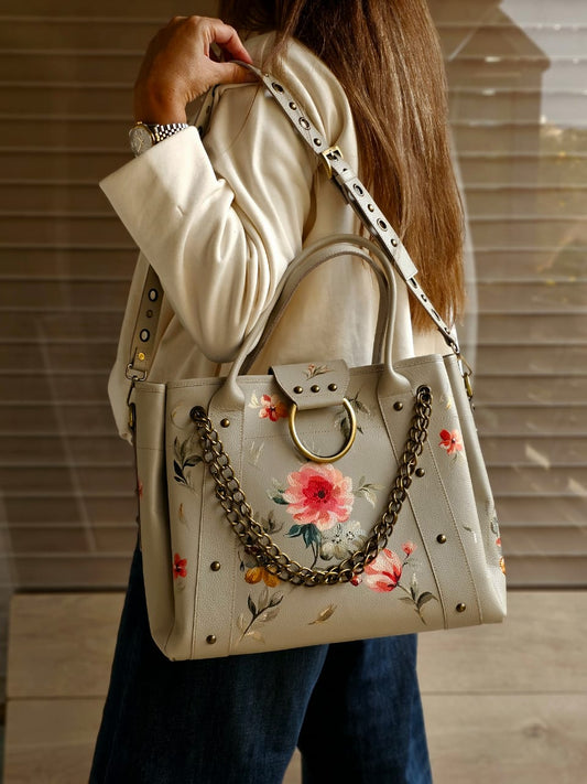 Leather Bag with Ring Beige X Pink Flowers