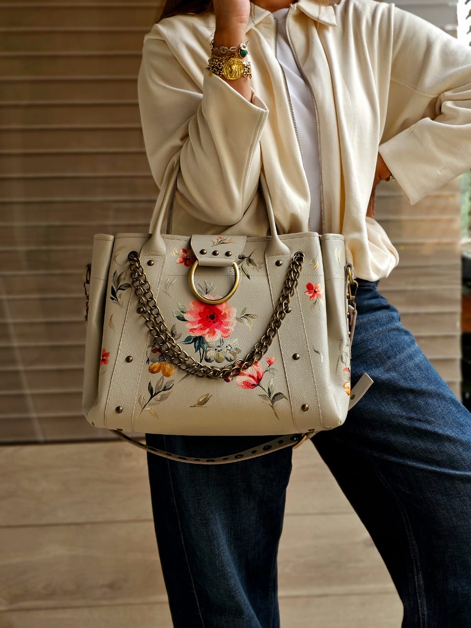 Leather Bag with Ring Beige X Pink Flowers
