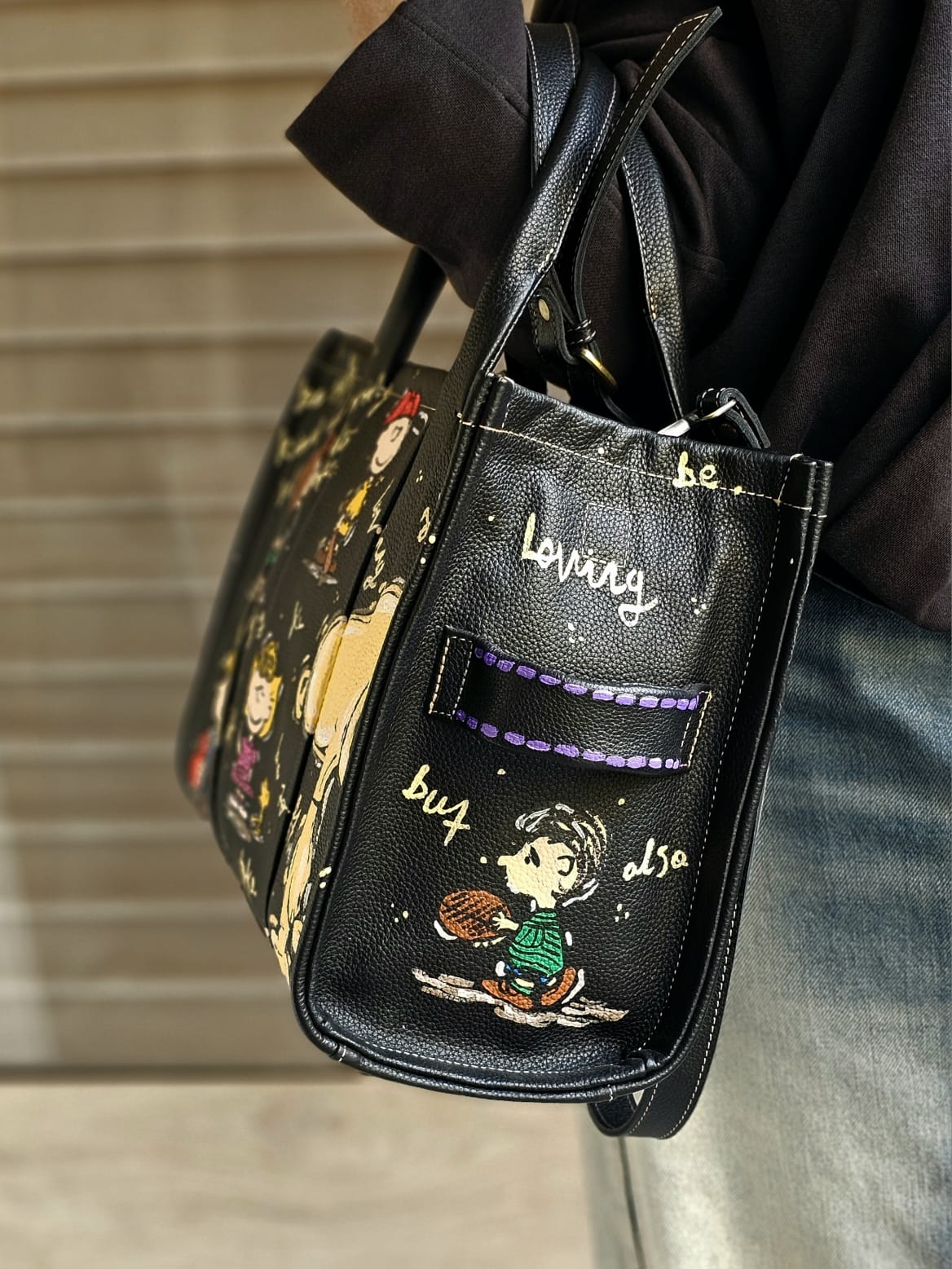 Leather Tote Bag Black X Snoopy & Friends