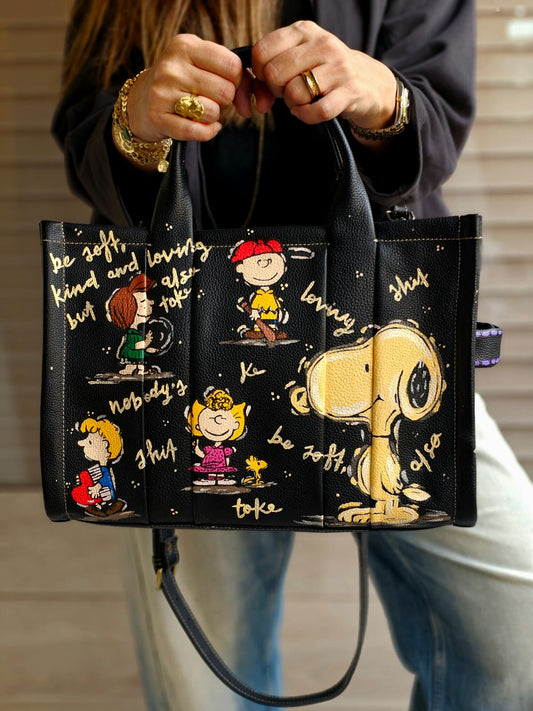 Leather Tote Bag Black X Snoopy & Friends