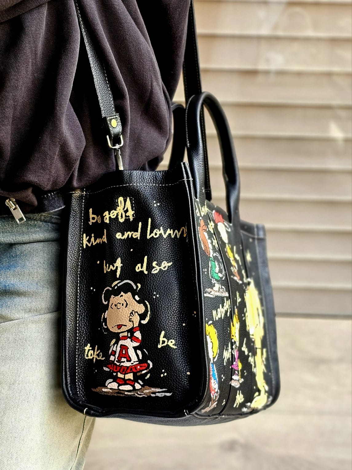 Leather Tote Bag Black X Snoopy & Friends