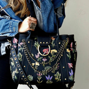 Leather Bag with Ring Black X Flowers