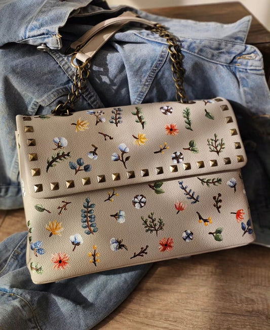 Rectangular Leather Bag with Chain Flowers Art Beige Base