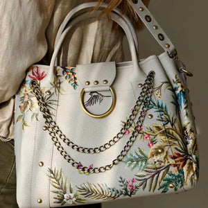 Leather Bag with Ring Beige X Flowers