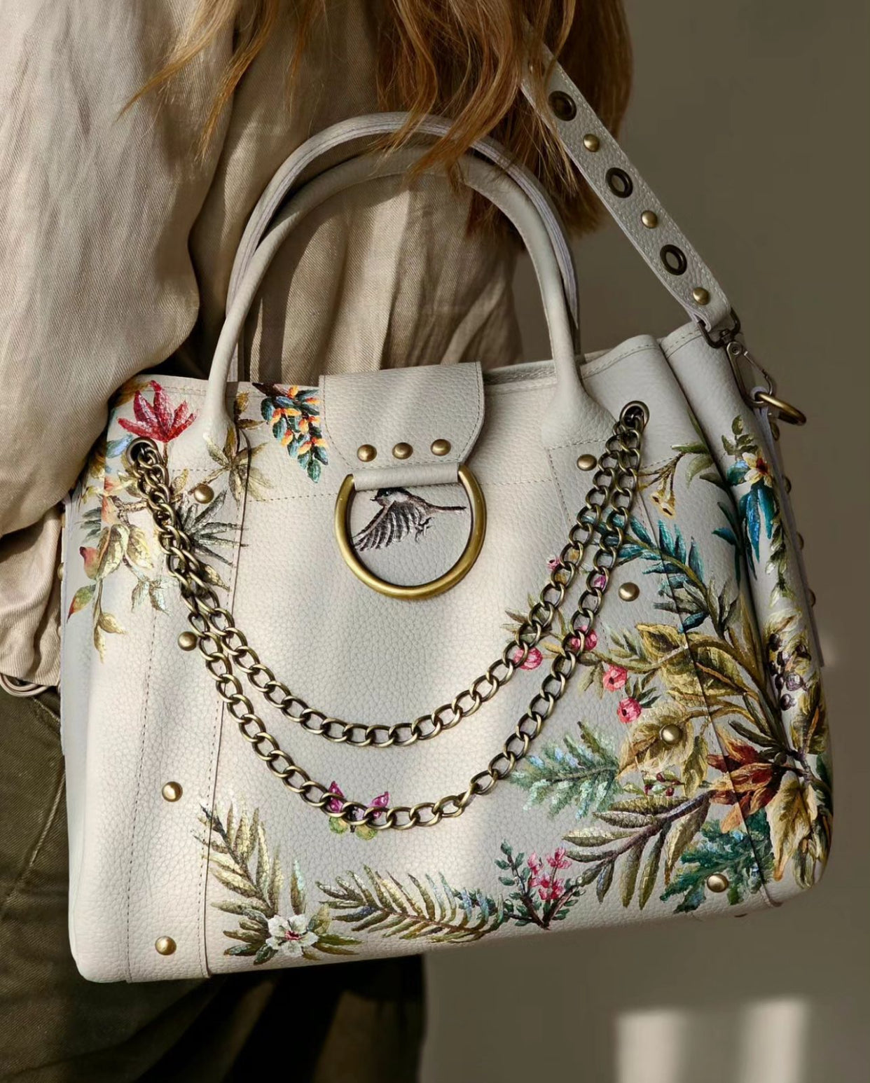 Leather Bag with Ring Beige X Flowers