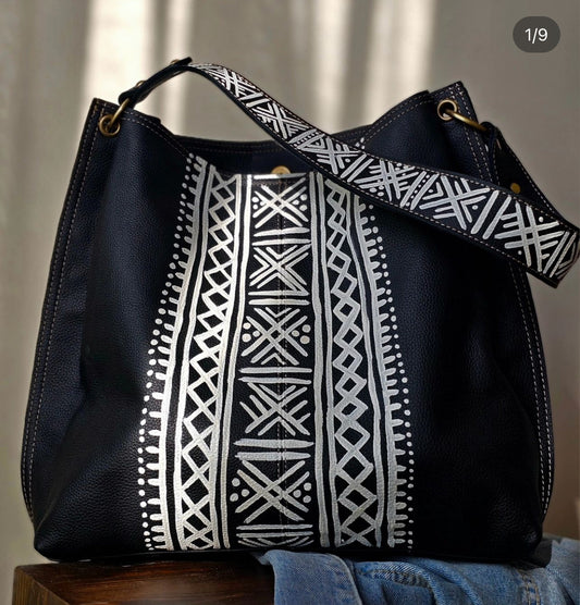 Large Leather Bag Black X White